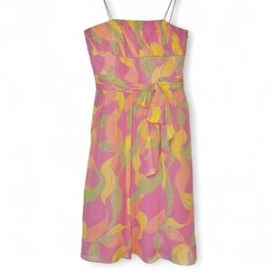 Kay Unger Vintage Pink Green Silk Tropical leaf print Dress Babydoll Waist SZ 4